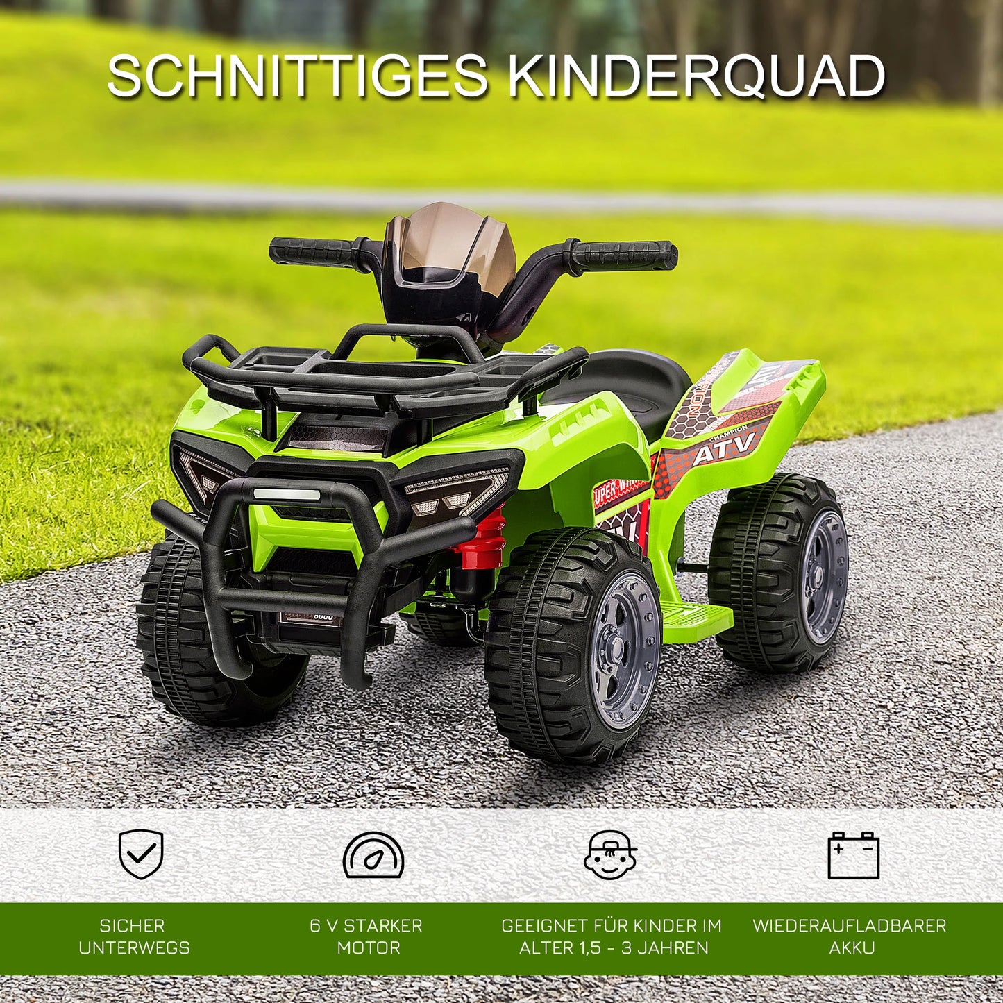 Grünes Elektro-Quad für Kinder mit breiten Reifen und Musikfunktion, geeignet für 18-36 Monate.