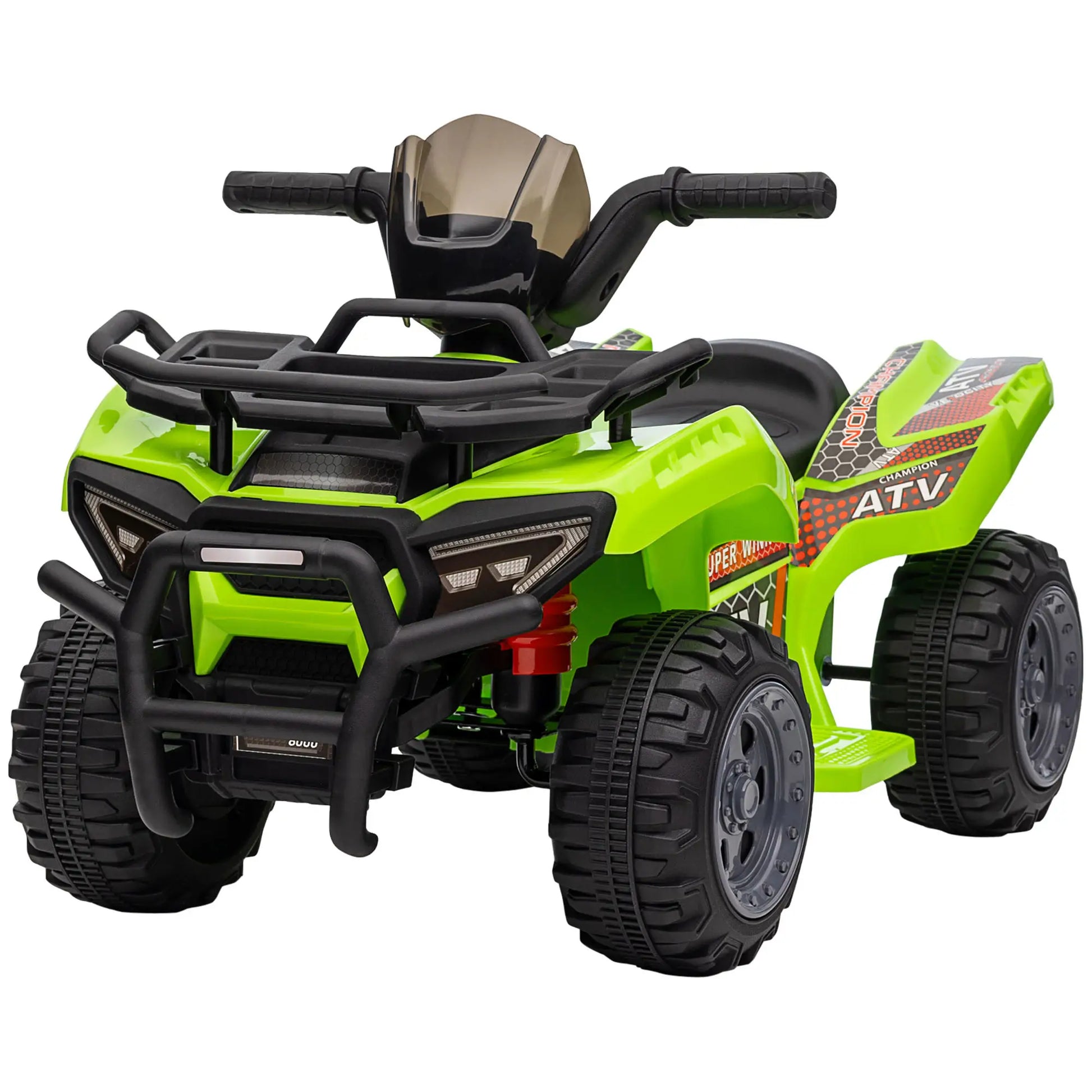 Grünes Elektro-Quad für Kinder mit breiten Reifen und Musikfunktion, geeignet für 18-36 Monate.