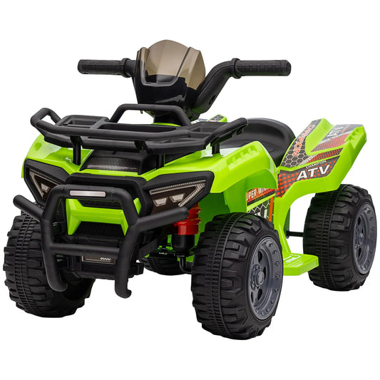Grünes Elektro-Quad für Kinder mit breiten Reifen und Musikfunktion, geeignet für 18-36 Monate.