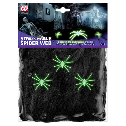 "50 g SCHWARZES SPINNENNETZ MIT 3 PHOSPHORESZENTEN SPINNEN" – Vorderansicht