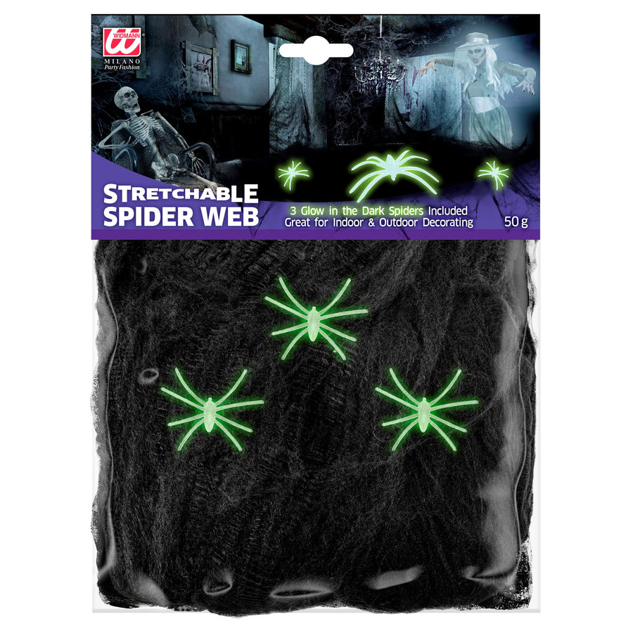"50 g SCHWARZES SPINNENNETZ MIT 3 PHOSPHORESZENTEN SPINNEN" – Vorderansicht