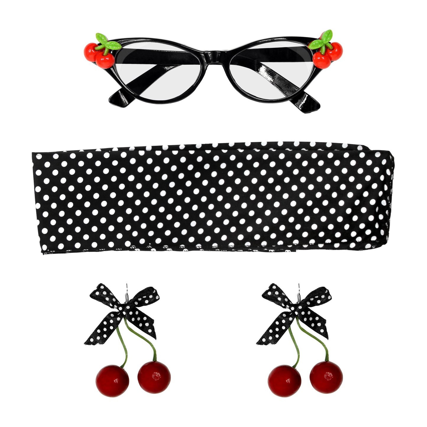 "50's CHERRY SET" (Brille, Ohrringe, Halstuch) – Vorderansicht