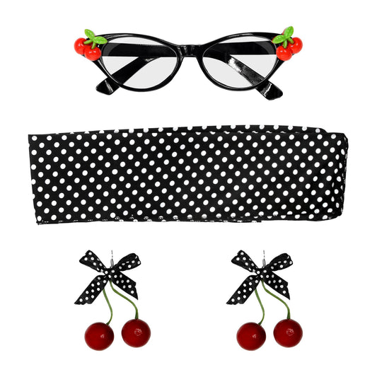 "50's CHERRY SET" (Brille, Ohrringe, Halstuch) – Vorderansicht
