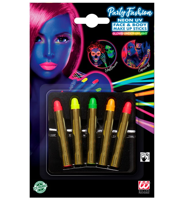 Set mit 5 bunten Neon Schminkstiften für Fasnacht und Karneval