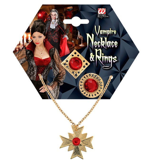 Dracula Kostüm Set mit Kette, Medaillon und zwei Ringen als Halloween-Accessoires