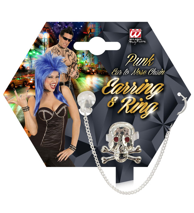 PUNK Schmuck-Set mit Schädel Ring und Ohr-Nasen-Kette für Fasnacht