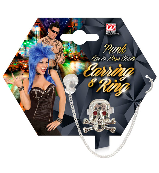 PUNK Schmuck-Set mit Schädel Ring und Ohr-Nasen-Kette für Fasnacht