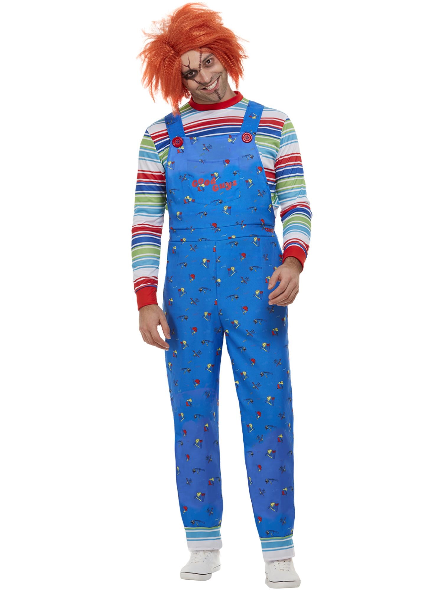 Smiffys Chucky Kostüm Blue für Herren mit Oberteil und bedruckter Latzhose – Produktansicht