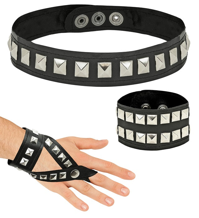 Set aus Kunstleder mit Kollier, Armband und Dianetten-Handschuhen mit Metallverzierungen
