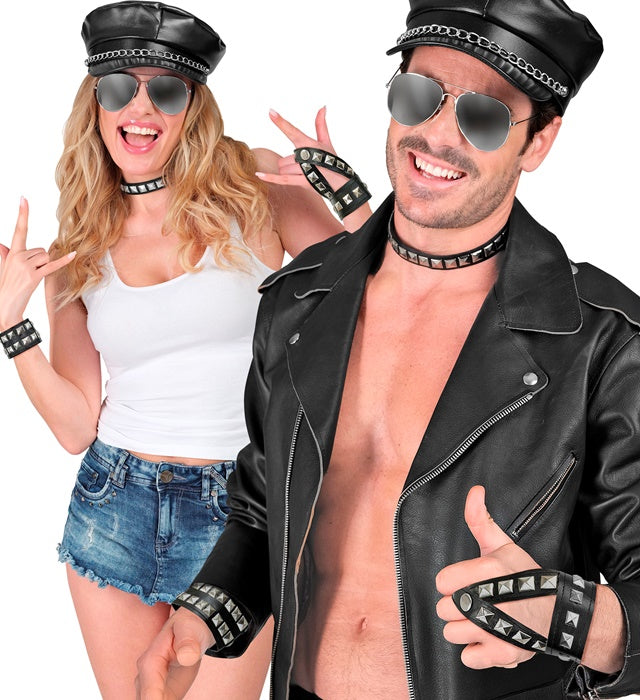 Set aus Kunstleder mit Kollier, Armband und Dianetten-Handschuhen mit Metallverzierungen
