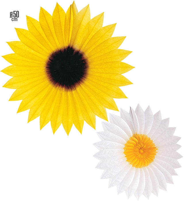 Papierfächer mit Gänseblümchen- und Sonnenblumen-Motiv, Ø 50 cm, zwei verschiedene Modelle