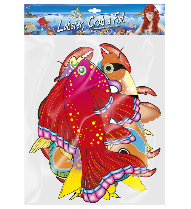 Set aus 8 realistischen Meeresfrüchte-Figuren: Langusten, Krabben und Fische, 40 cm lang