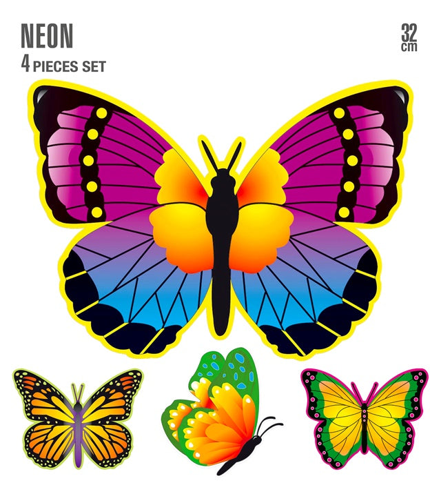 Vier leuchtend bunte Neon-Schmetterlinge mit 32 cm Flügelspannweite