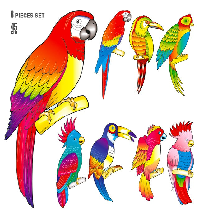 Set von 8 farbenfrohen tropischen Vogel-Figuren, je 45 cm groß, als Deko für Fasnacht und Mottoparty