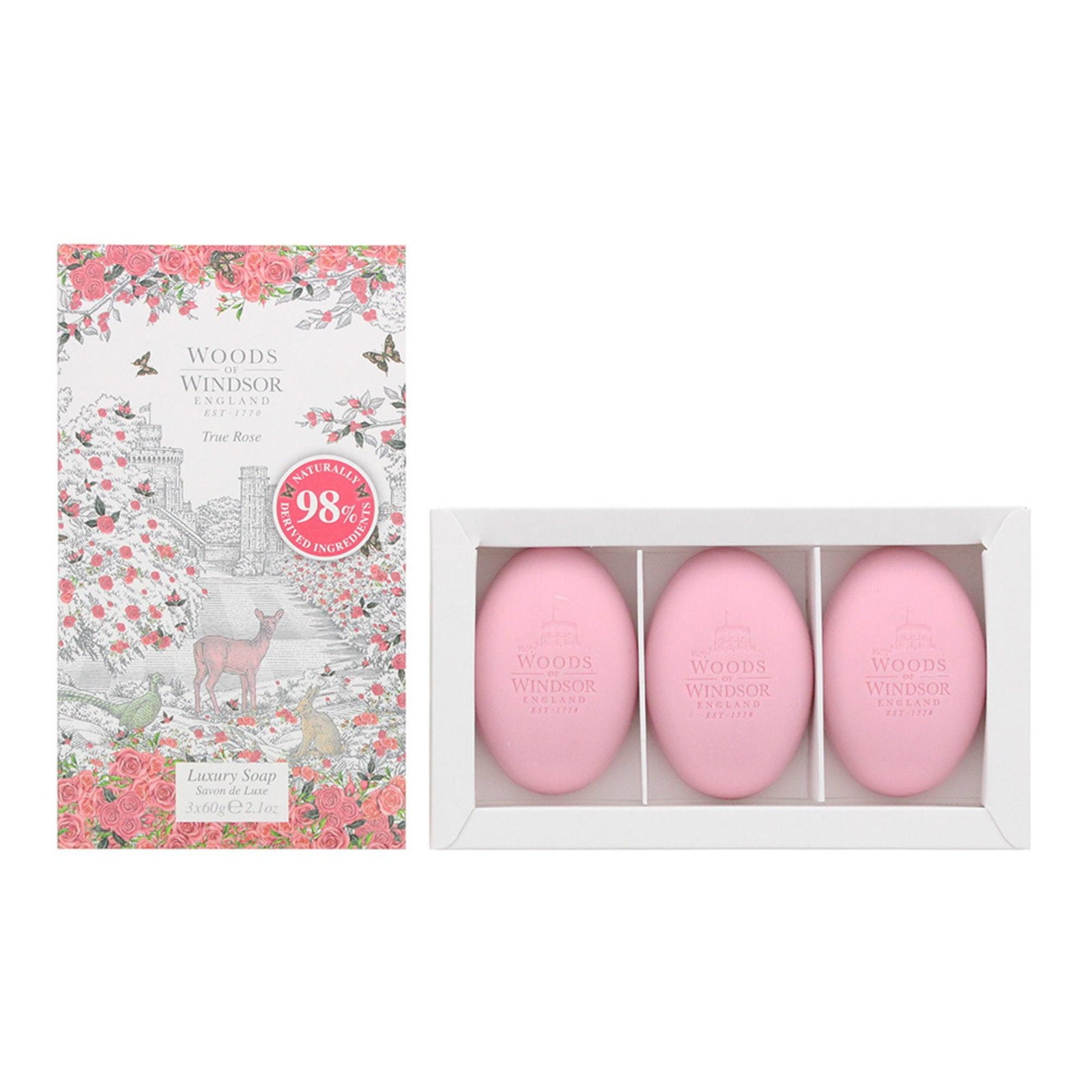 Woods Of Windsor Set Trio, Woods Of Windsor, True Rose, Feuchtigkeitsspendend, Massage-Seifenstück, Palmöl, 3 stk, 60 g Regul