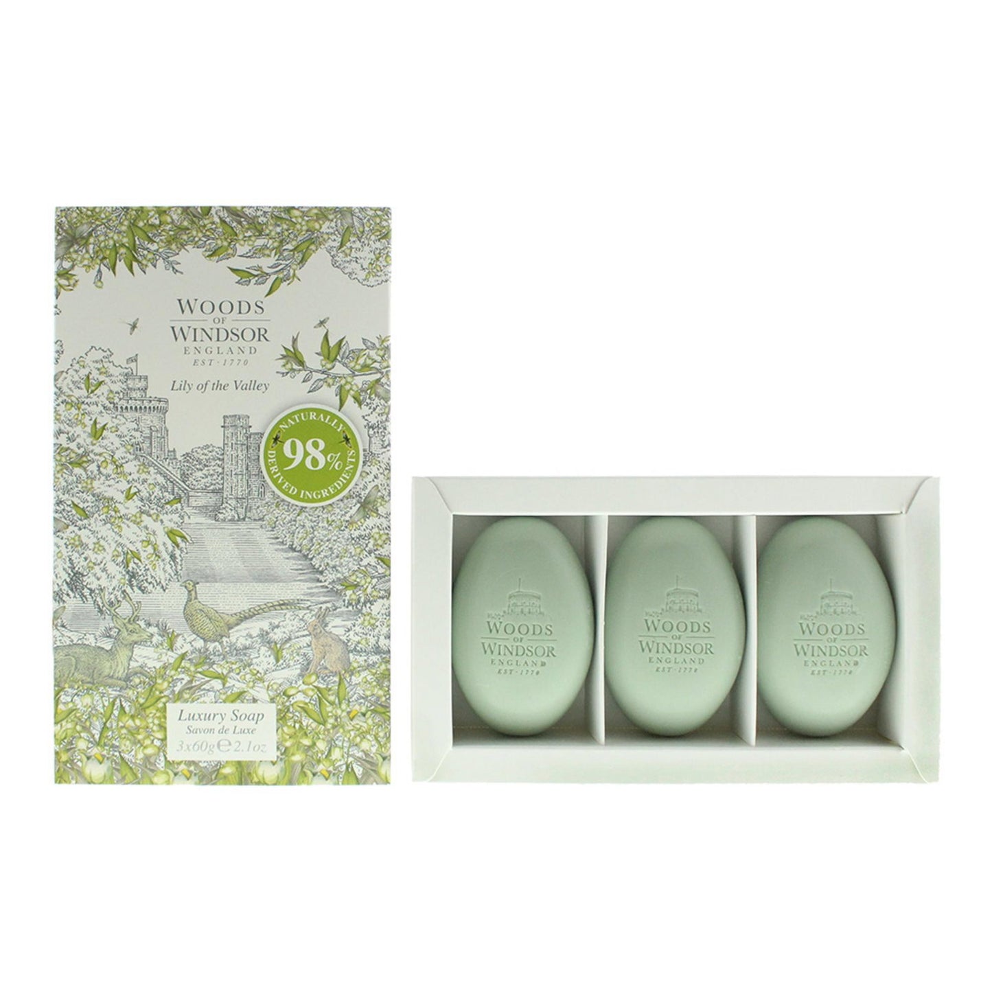 Woods Of Windsor Set Trio, Woods Of Windsor, Lily Of The Valley, Feuchtigkeitsspendend, Massage-Seifenstück, Sheabutter, 3 st