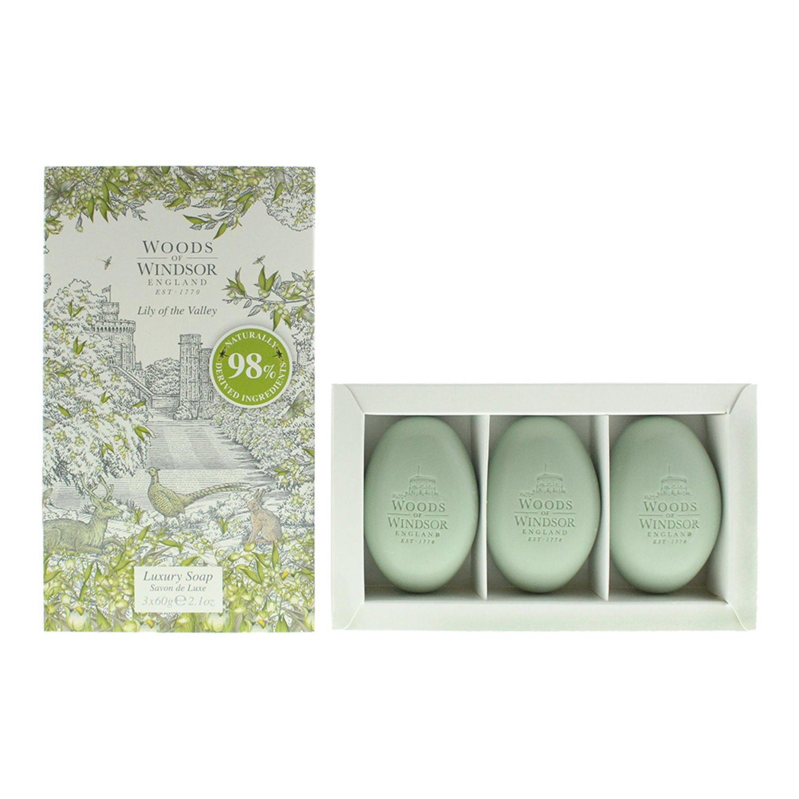 Woods Of Windsor Set Trio, Woods Of Windsor, Lily Of The Valley, Feuchtigkeitsspendend, Massage-Seifenstück, Sheabutter, 3 st