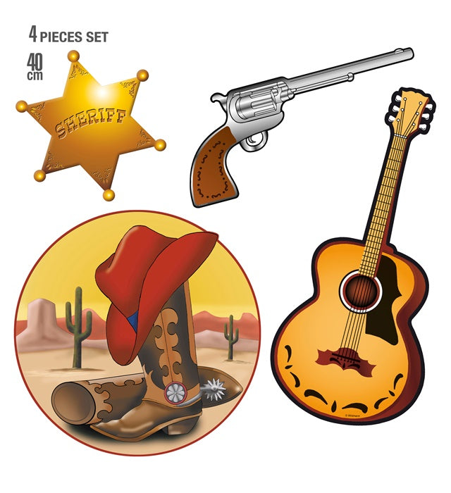 Set von 4 Western Dekorationen in 40 cm Größe für Fasnacht und Mottopartys