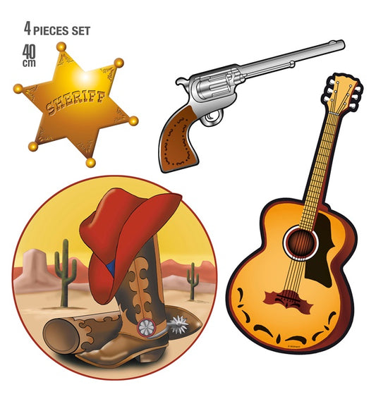 Set von 4 Western Dekorationen in 40 cm Größe für Fasnacht und Mottopartys
