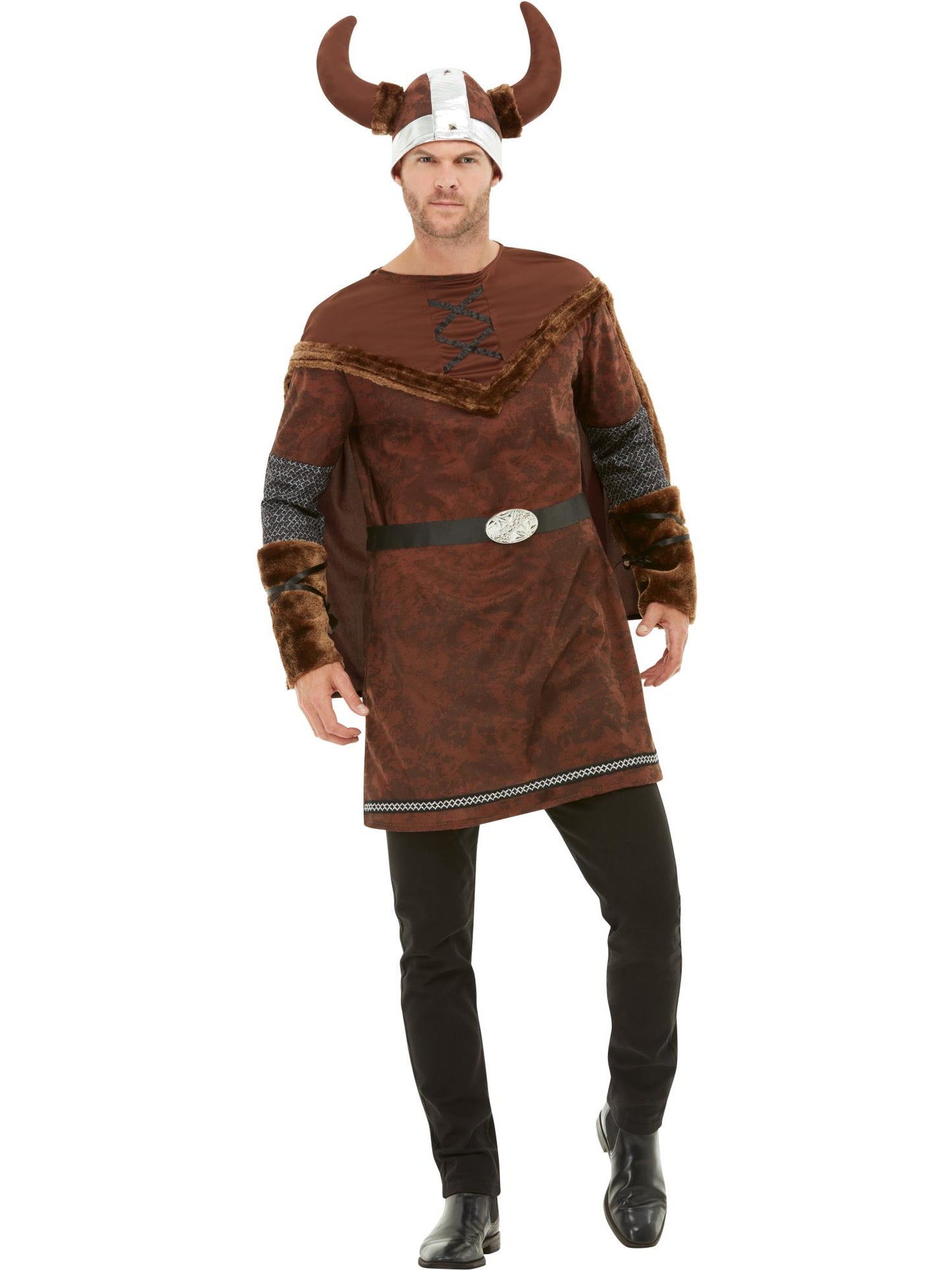 Smiffys Viking Barbarian Kostüm braun mit Tunika, Umhang und Helm – Produktansicht