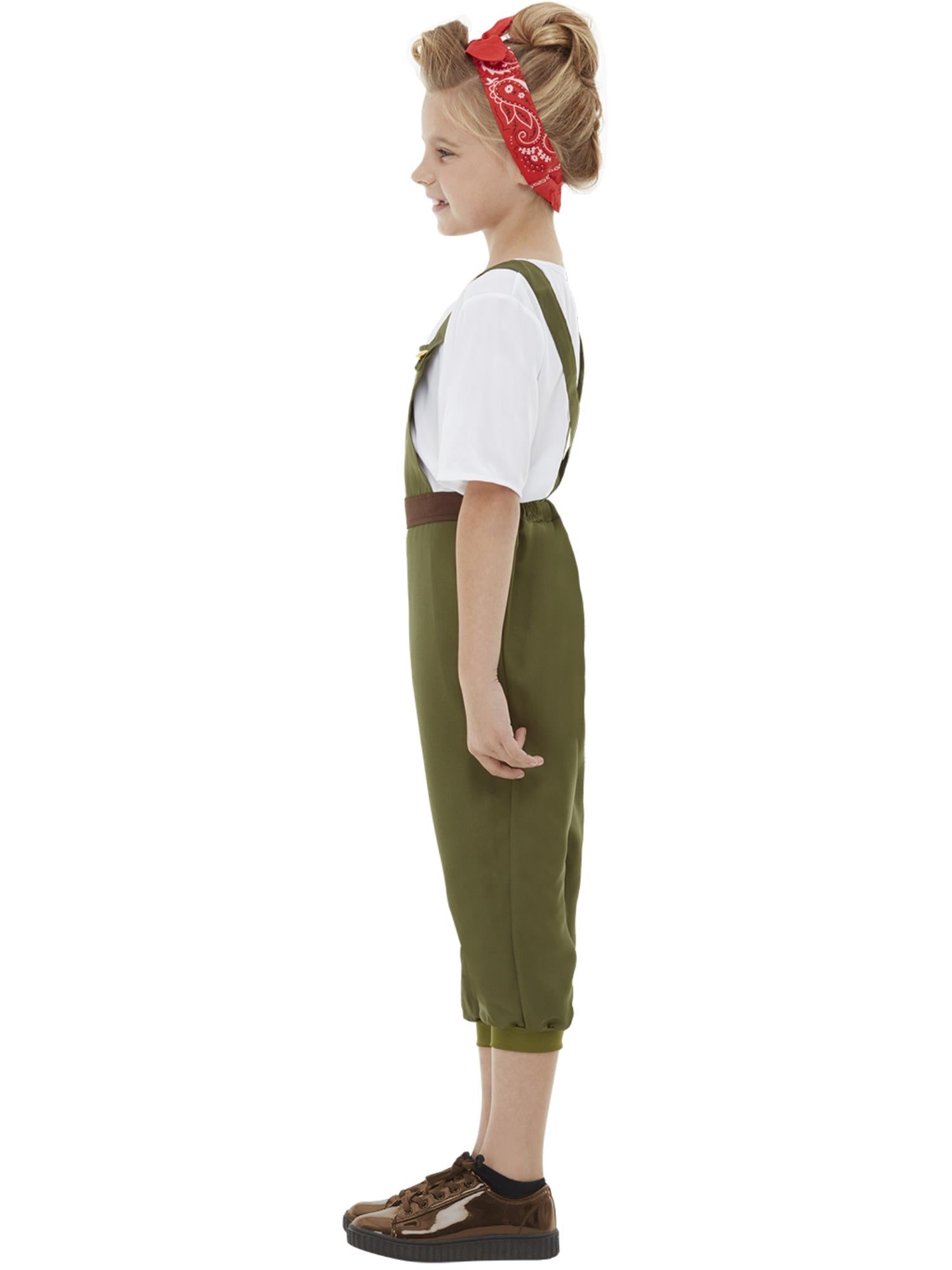 Smiffys WW2-Little-Land-Kostüm für Mädchen grün mit Top Latzhose und Kopftuch – Seitenansicht
