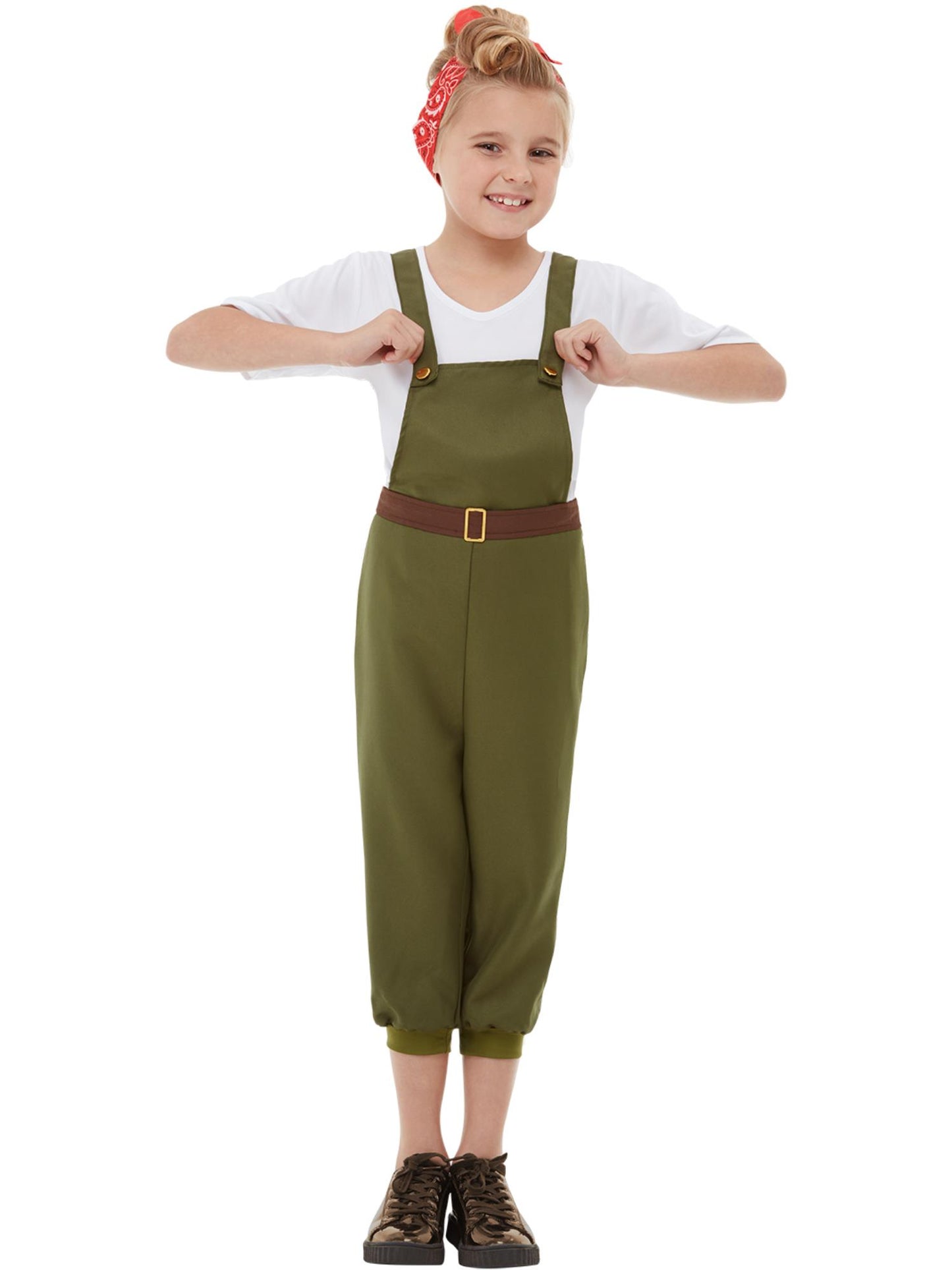 Smiffys WW2-Little-Land-Kostüm für Mädchen grün mit Top Latzhose und Kopftuch – Produktansicht