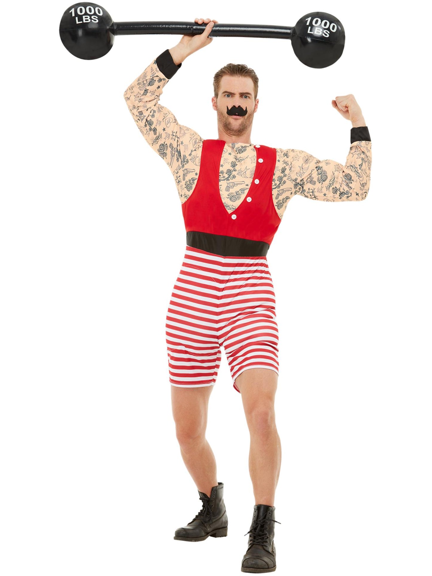 Smiffys Deluxe Strongman Kostüm für Herren in Rot und Weiss mit Overall und Schnurrbart