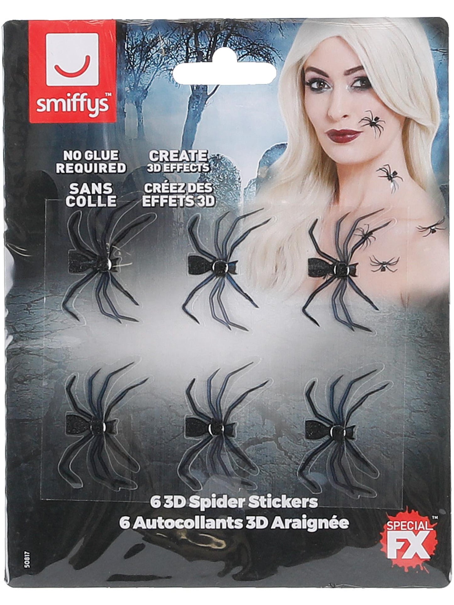 Smiffys 3D Spider Stickers schwarze Spinnensticker für Make-up-FX – Detailansicht