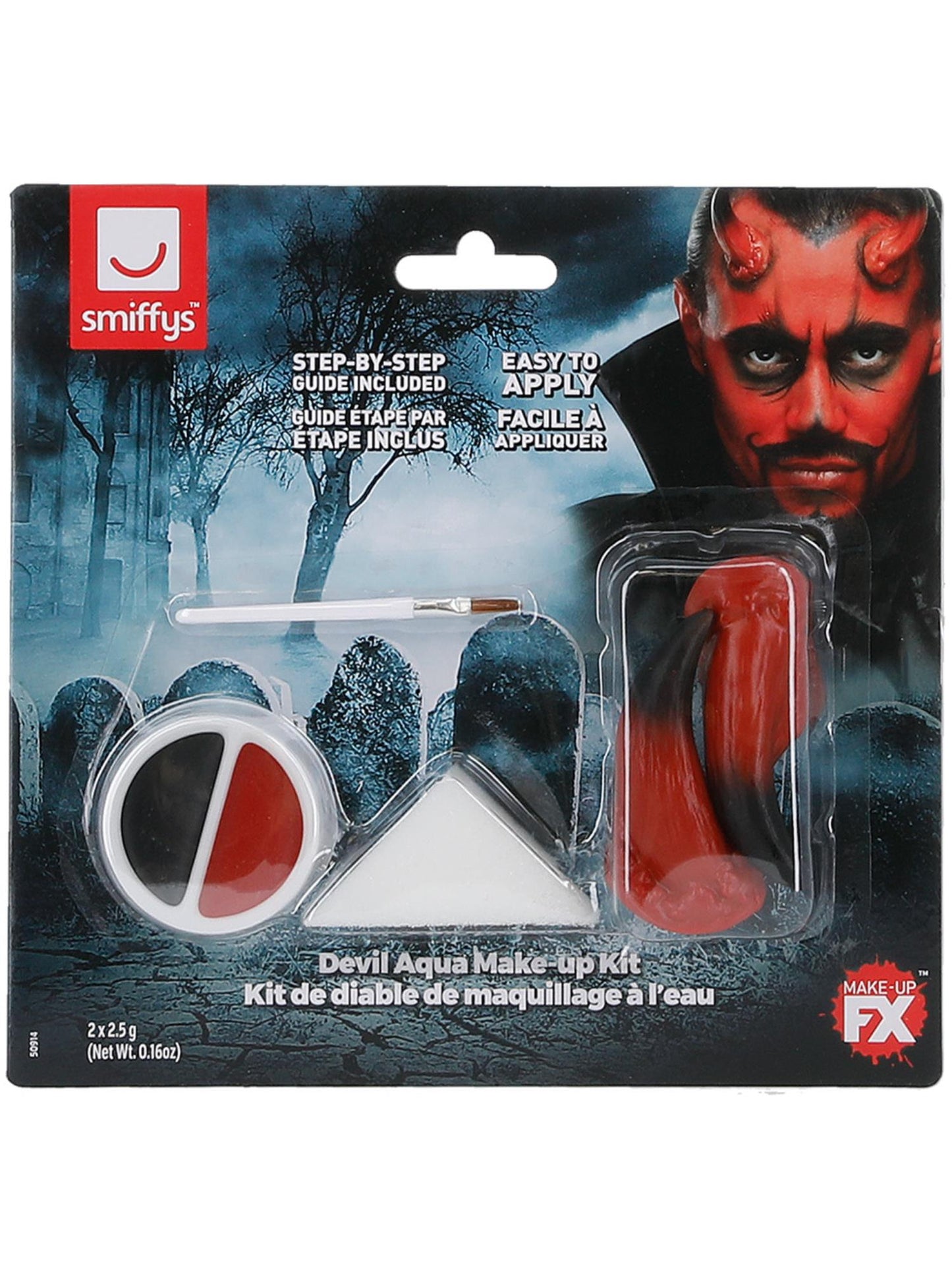 Smiffys Devil Make-up-FX-Set Aqua in Rot und Schwarz mit Hörnern – Detailansicht