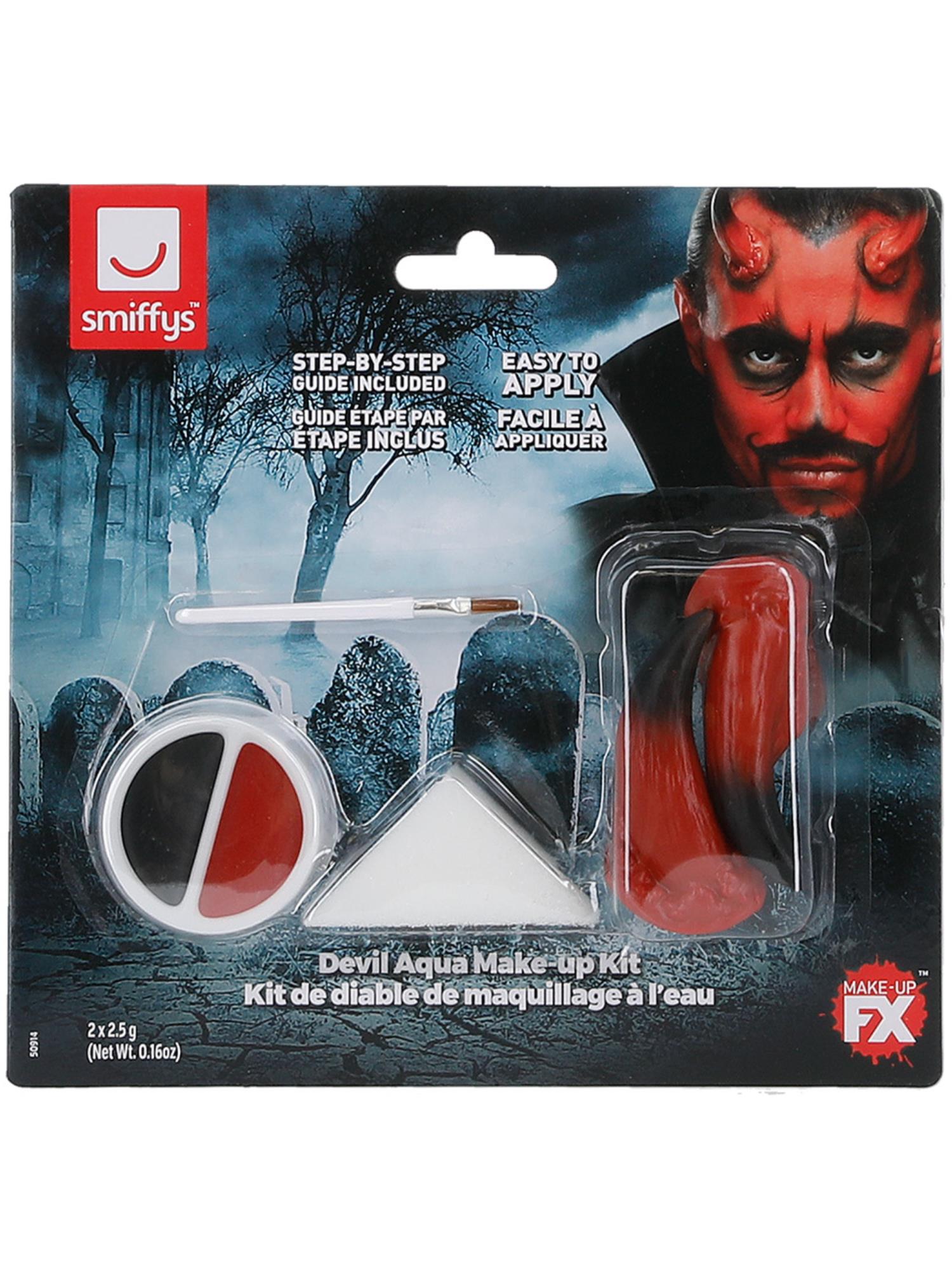 Smiffys Devil Make-up-FX-Set Aqua in Rot und Schwarz mit Hörnern – Detailansicht