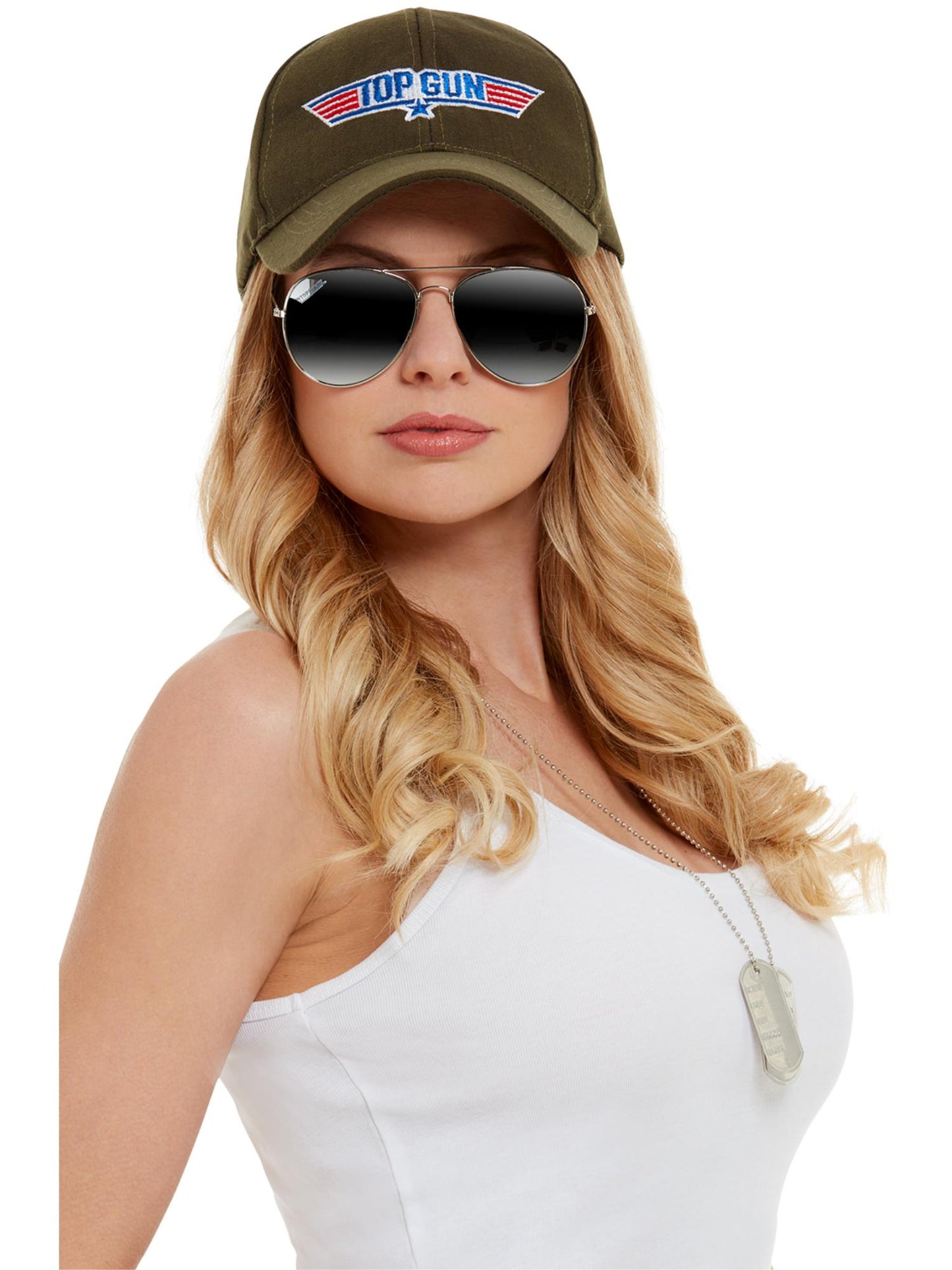Smiffys TOPGUN Instant Kit Khaki mit Hut Aviator-Brille und Dog Tags