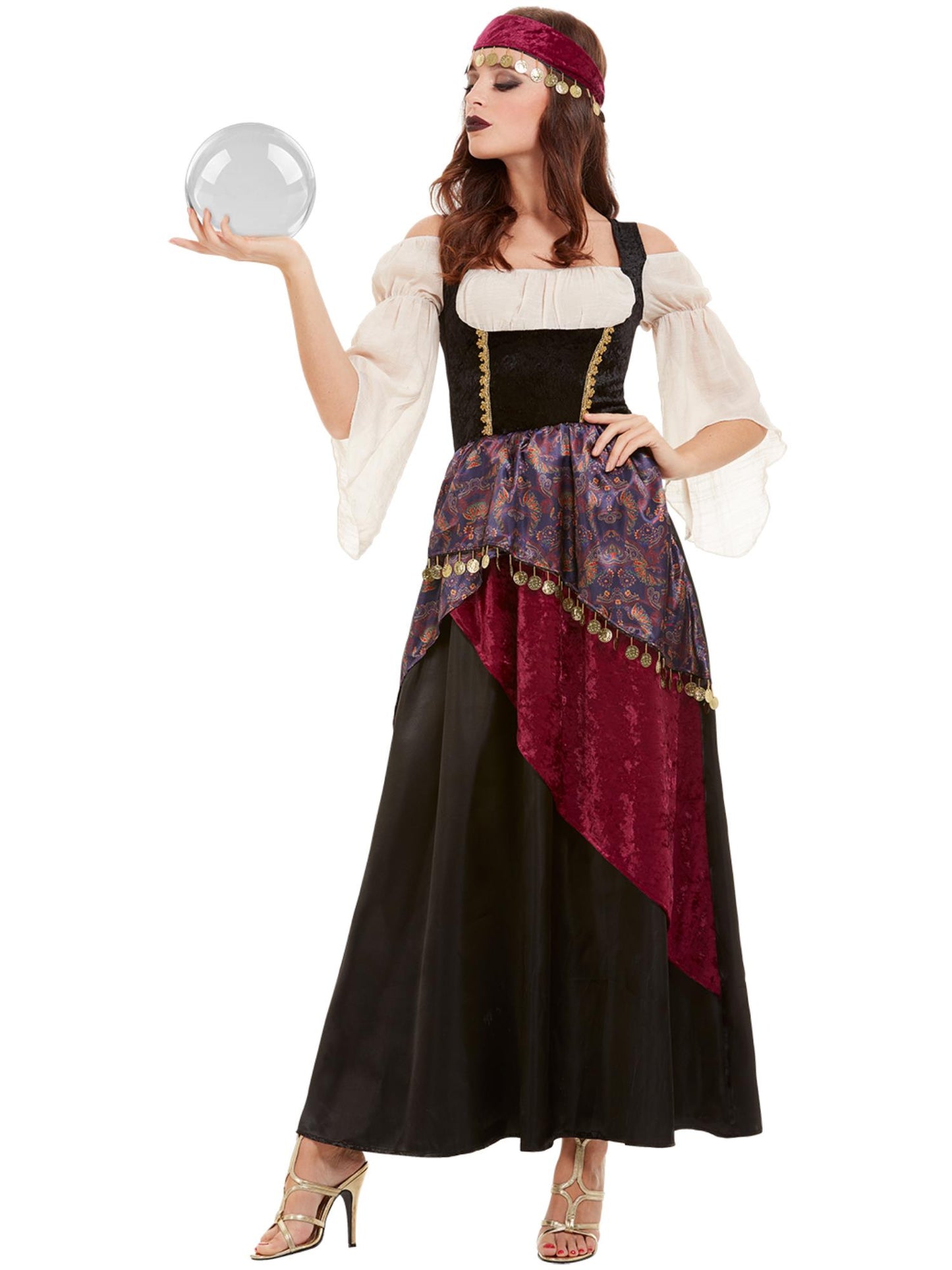 Smiffys schwarzes Wahrsagerinnenkostüm für Damen mit Kleid und Stirnband – Produktansicht