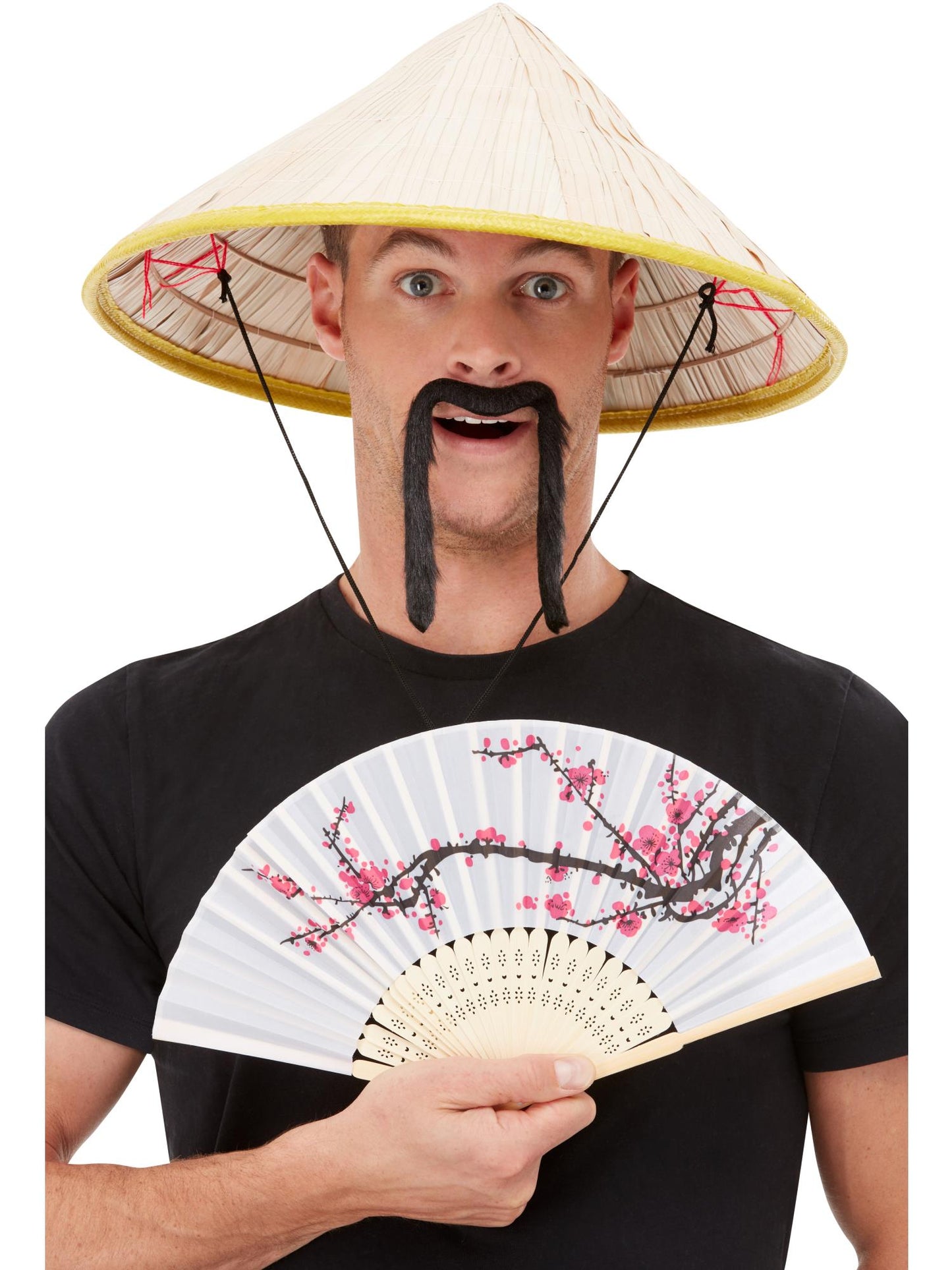 Smiffys Oriental Accessoire-Set mit Coolie-Hut, Schnurrbart und Fächer