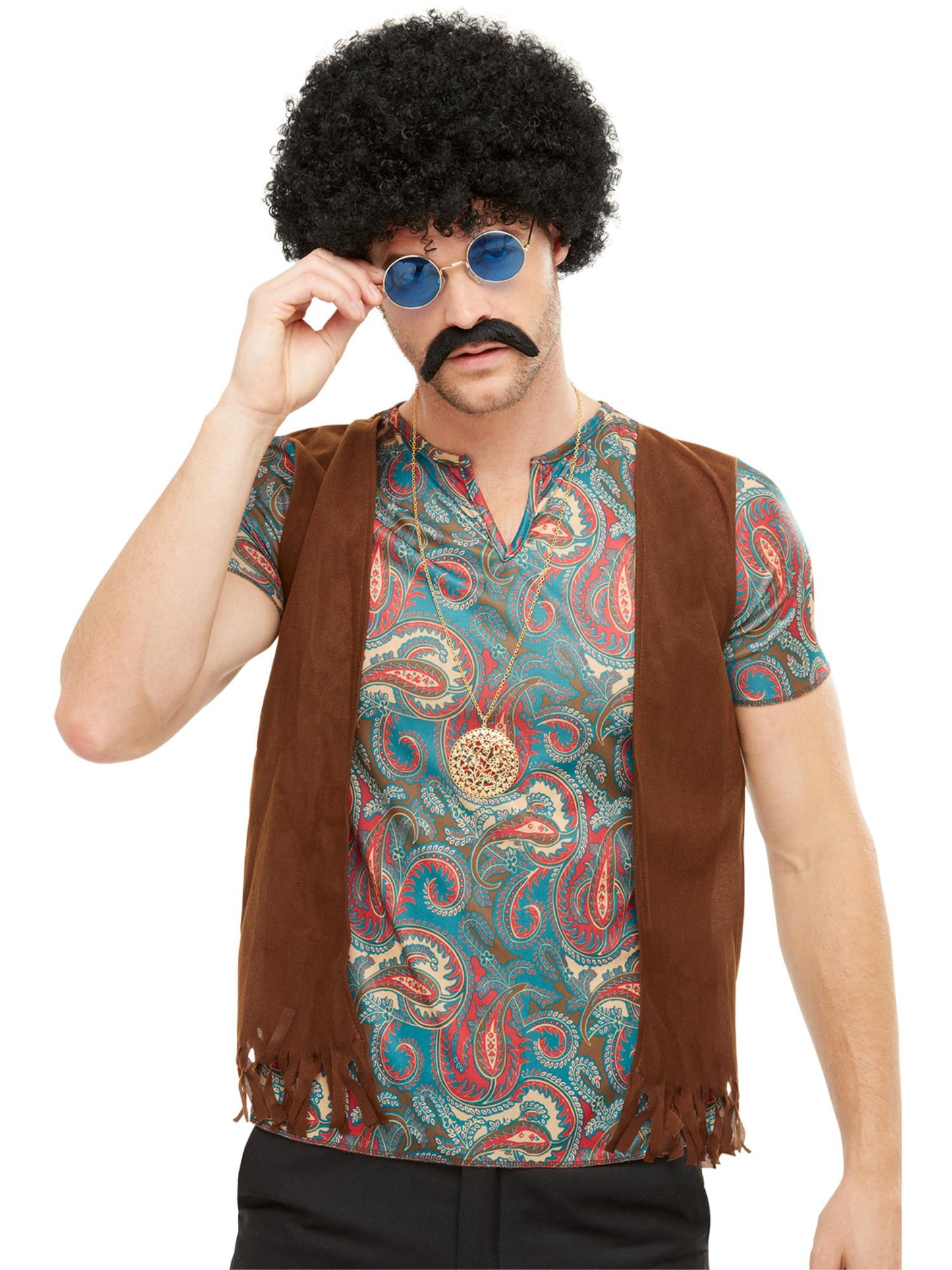 Smiffys Hippie Instant Kit mehrfarbig mit Perücke Brille Schnurrbart und Halskette