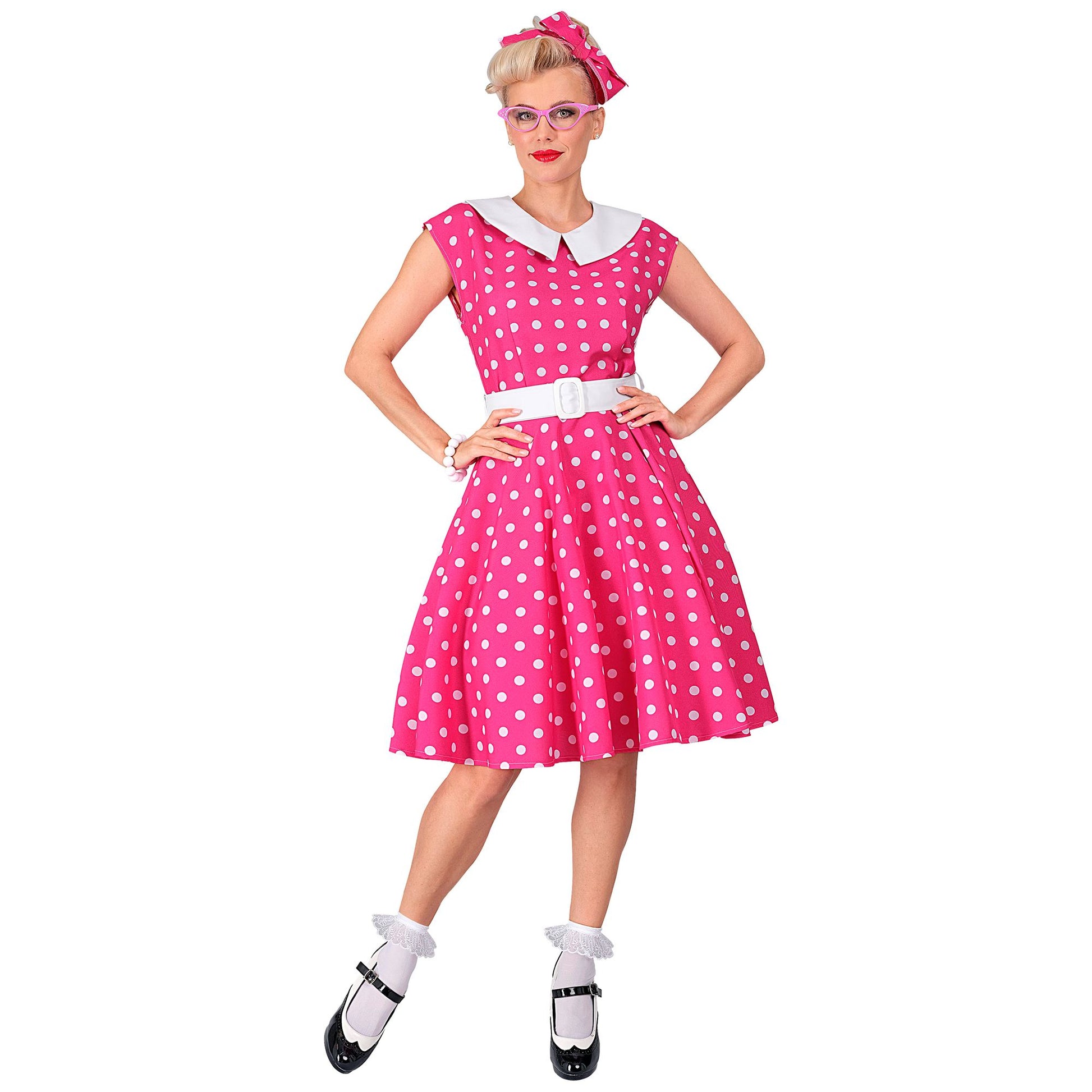 "50er JAHRE ROCK'N'ROLL MODE HOT PINK" (Kleid mit Petticoat, Gürtel, Haarband) – Detailansicht