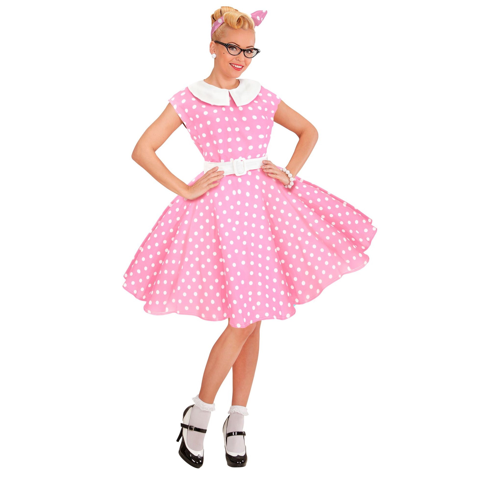 "50er JAHRE ROCK'N'ROLL MODE ROSA" (Kleid mit Petticoat, Gürtel, Haarband) – Vorderansicht