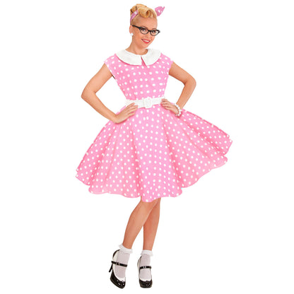 "50er JAHRE ROCK'N'ROLL MODE ROSA" (Kleid mit Petticoat, Gürtel, Haarband) – Vorderansicht