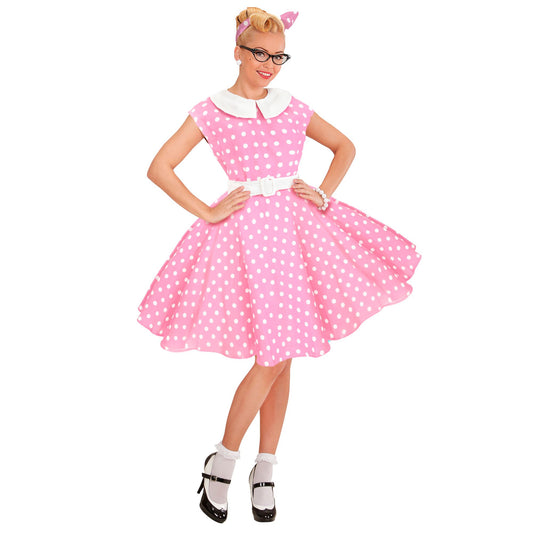 "50er JAHRE ROCK'N'ROLL MODE ROSA" (Kleid mit Petticoat, Gürtel, Haarband) – Vorderansicht