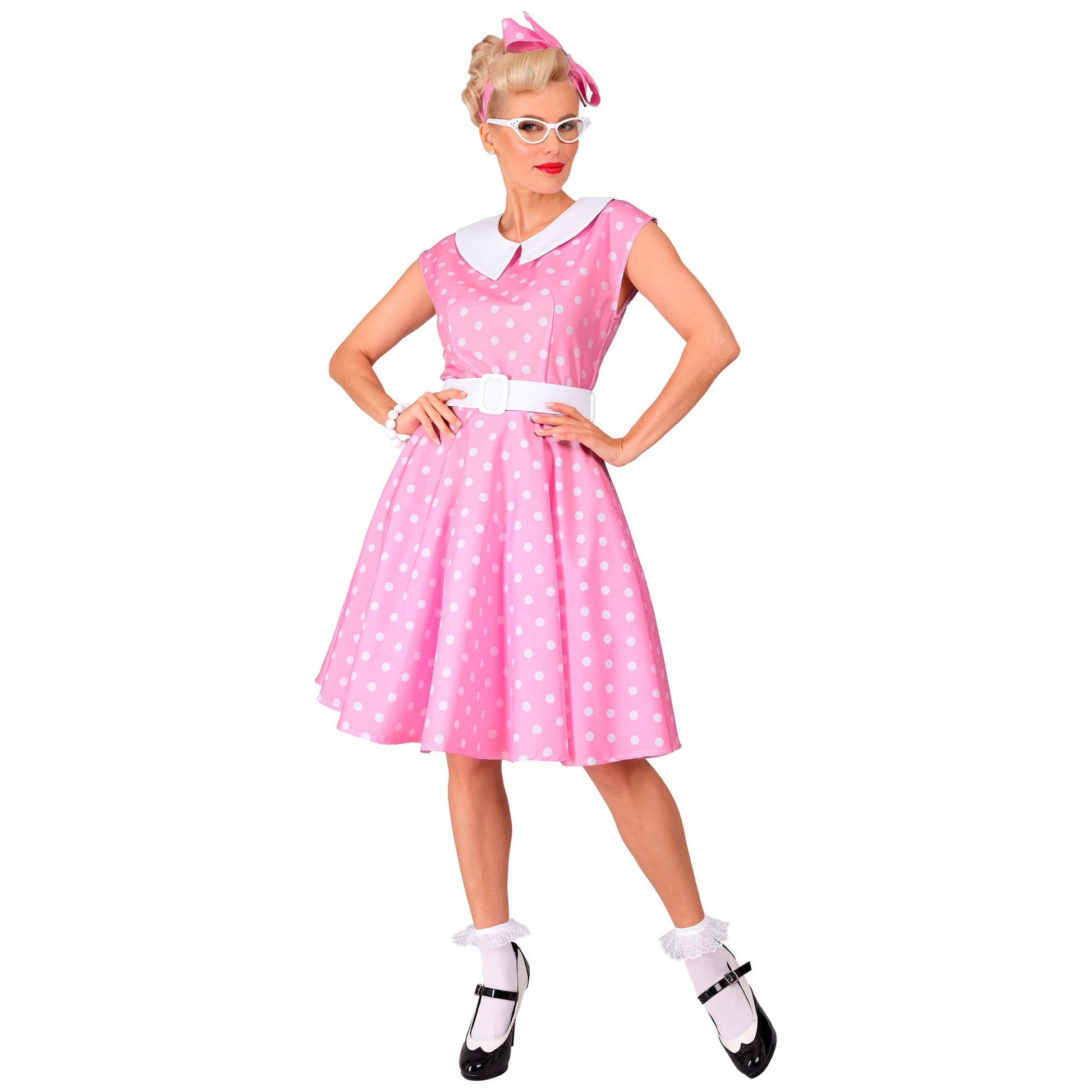 "50er JAHRE ROCK'N'ROLL MODE ROSA" (Kleid mit Petticoat, Gürtel, Haarband) – Detailansicht