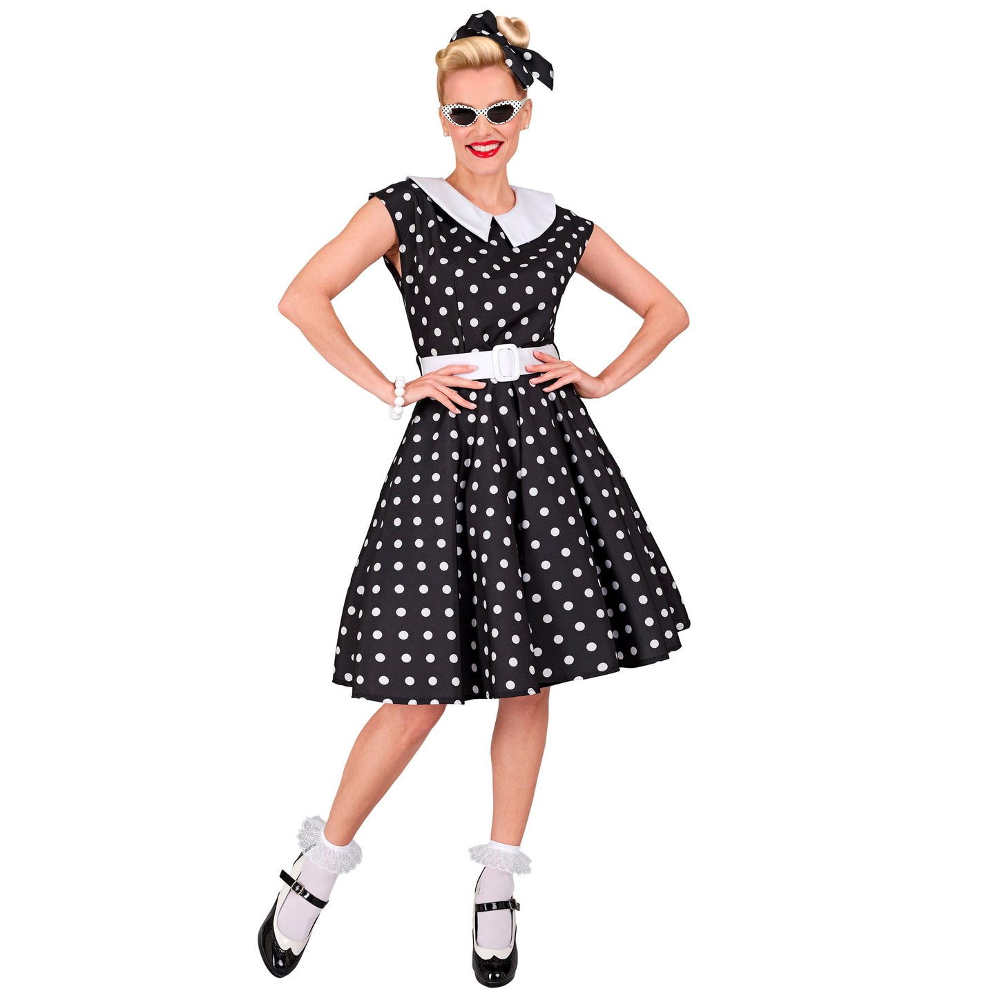 "50er JAHRE ROCK'N'ROLL MODE SCHWARZ" (Kleid mit Petticoat, Gürtel, Haarband) – Detailansicht