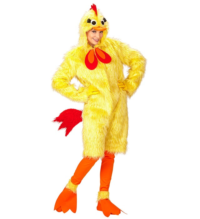 Huhn-Kostüm aus Plüsch mit Kapuze, Leggings und Stiefelüberziehern auf weissem Hintergrund