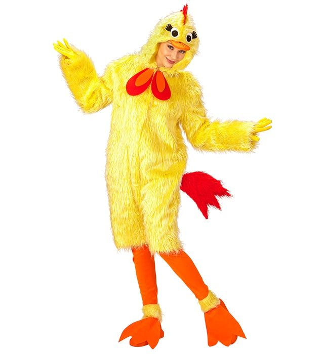 Huhn-Kostüm aus Plüsch mit Kapuze, Leggings und Stiefelüberziehern auf weissem Hintergrund