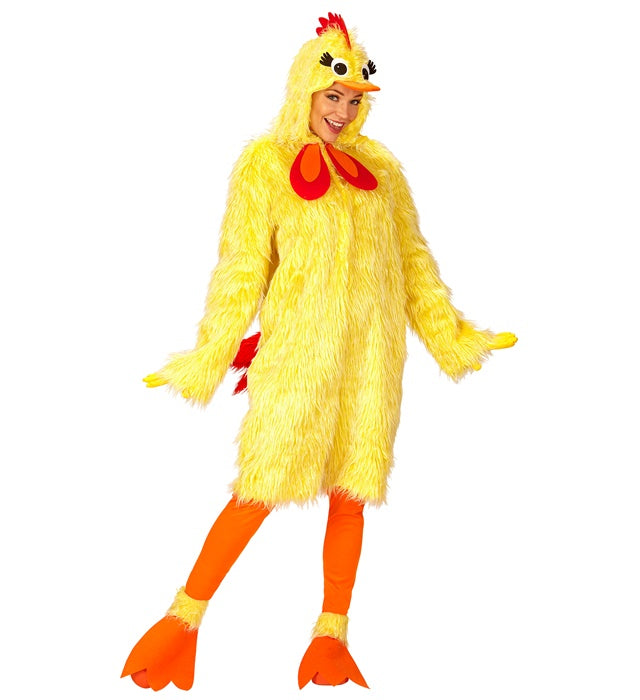 Huhn-Kostüm aus Plüsch mit Kapuze, Leggings und Stiefelüberziehern auf weissem Hintergrund