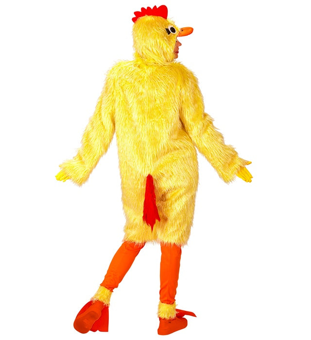 Huhn-Kostüm aus Plüsch mit Kapuze, Leggings und Stiefelüberziehern auf weissem Hintergrund