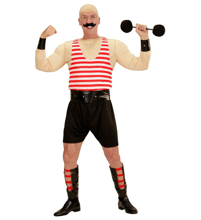 Muskelmann Kostümset mit Muskelshirt, Shorts, Gürtel, Armschoner, Beinschoner und Hanteln