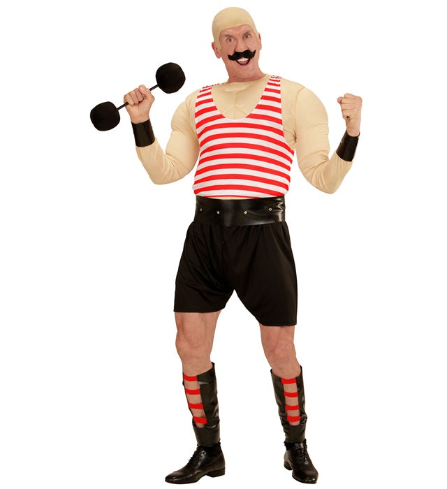 Muskelmann Kostümset mit Muskelshirt, Shorts, Gürtel, Armschoner, Beinschoner und Hanteln