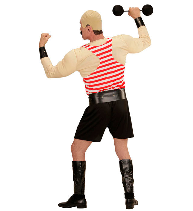 Muskelmann Kostümset mit Muskelshirt, Shorts, Gürtel, Armschoner, Beinschoner und Hanteln