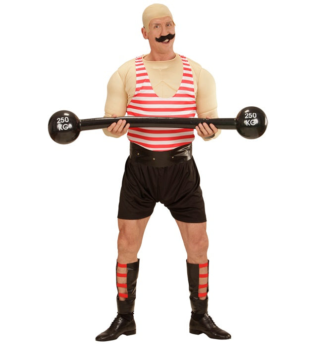 Muskelmann Kostümset mit Muskelshirt, Shorts, Gürtel, Armschoner, Beinschoner und Hanteln