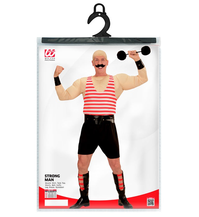 Muskelmann Kostümset mit Muskelshirt, Shorts, Gürtel, Armschoner, Beinschoner und Hanteln