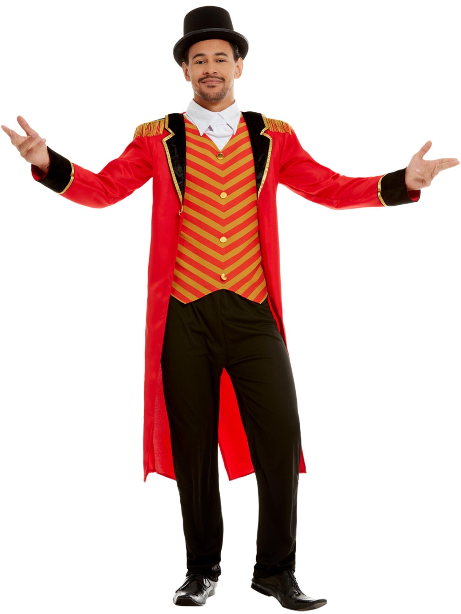 Smiffys rotes Ringmaster Kostüm für Herren mit Jacke Mock-Hemd und Hose